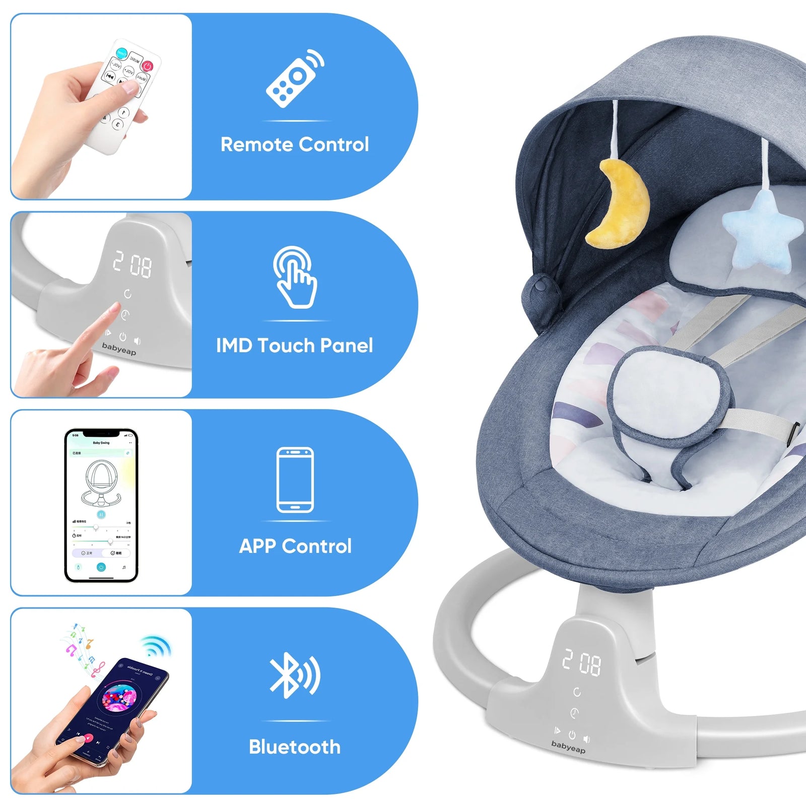 Baby Swing Para Bebés - Control Remoto Por APP Bluetooth, 5 Configuraciones De Velocidad, 10 Nanas, Enchufe USB (Azul)