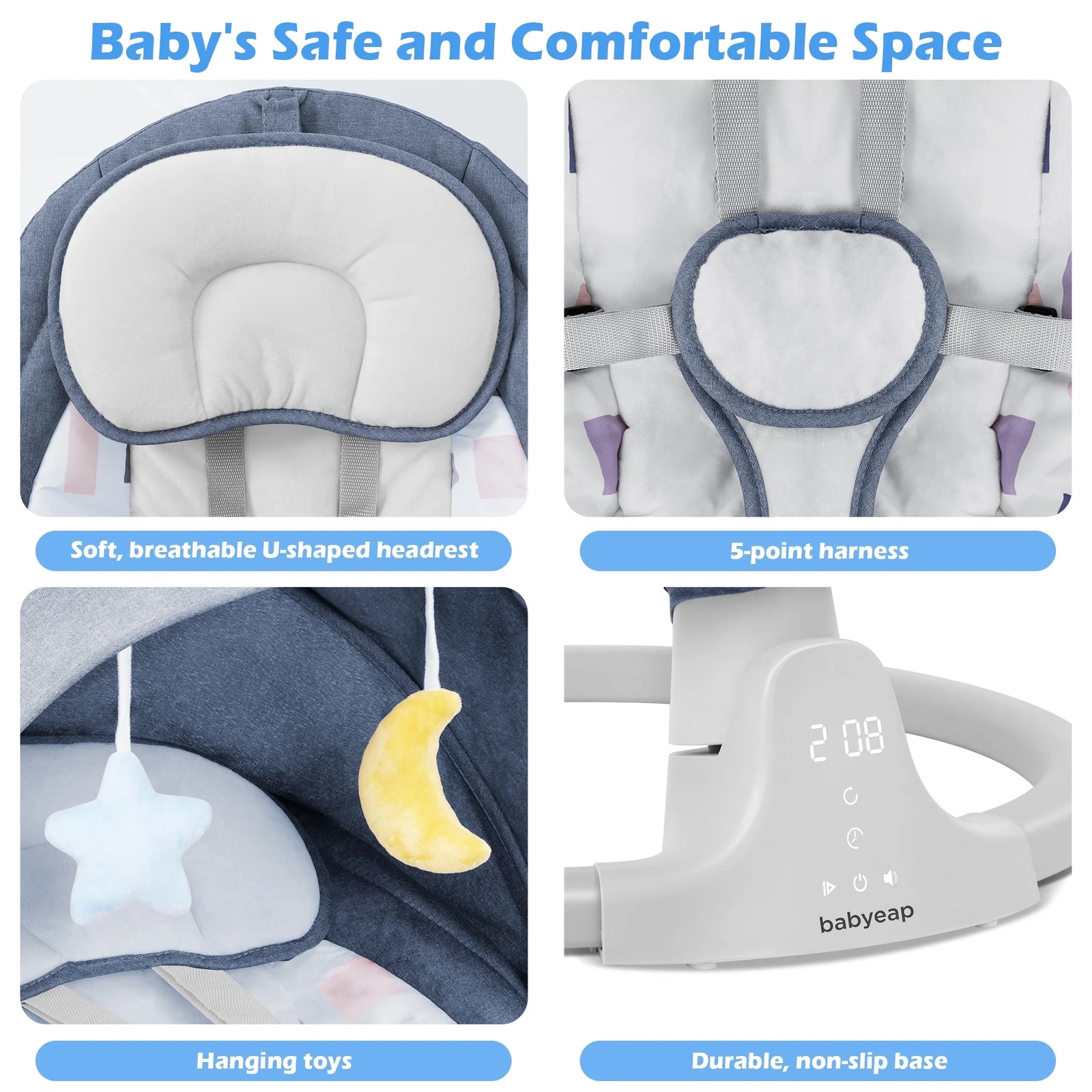 Baby Swing Para Bebés - Control Remoto Por APP Bluetooth, 5 Configuraciones De Velocidad, 10 Nanas, Enchufe USB (Azul)
