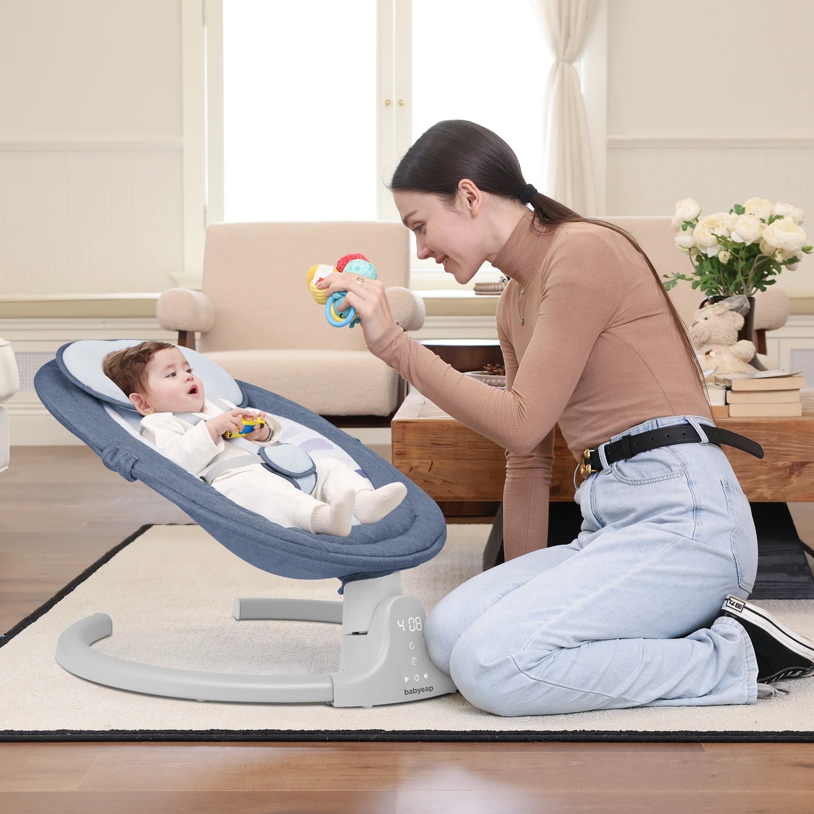 Baby Swing Para Bebés - Control Remoto Por APP Bluetooth, 5 Configuraciones De Velocidad, 10 Nanas, Enchufe USB (Azul)