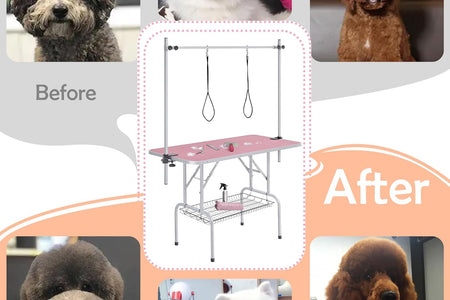 46'' Pet Grooming Table for Large Dogs Adjustable Height - Portable Trimming Table Drying Table W/Arm/Noose/Mesh Tray Maximum Capacity up to 265Lb -Pink