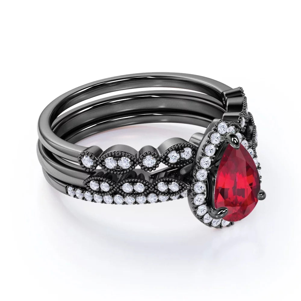 Conjunto De Trío De Rubíes Simulados Vintage Con Lágrima De 1,75 Quilates En Oro Negro De 18 K Sobre Plata
