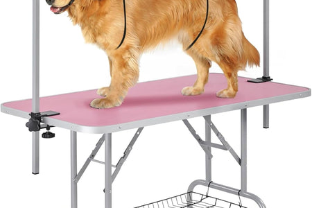 46'' Pet Grooming Table for Large Dogs Adjustable Height - Portable Trimming Table Drying Table W/Arm/Noose/Mesh Tray Maximum Capacity up to 265Lb -Pink